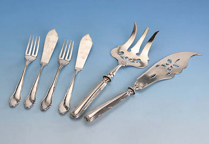 Fischvorlegebesteck, 950er Silber, Frankreich um 1900, Alfonse Debain, Arbeitsteile Metall versilbert