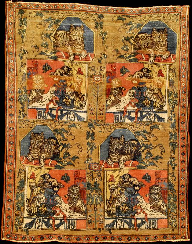 Seltener Senneh Katzenteppich (Bildmotiv), Westpersien, Naturfarben, 19.Jahrhundert (ca. um 1880/1890), Wolle geknüpft auf Wolle, ca. 1 50 x 120 ...