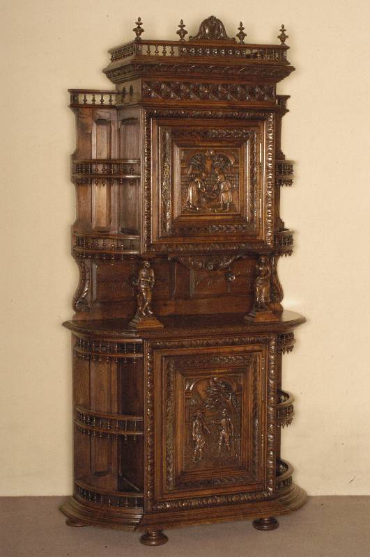 Aufsatzschrank, Frankreich, um 1880, Kastanienholz massiv, auf KugelfÜßen, seitlich mit volkstÜmlichen Darstellungen, Oberteil getragen von aus ...
