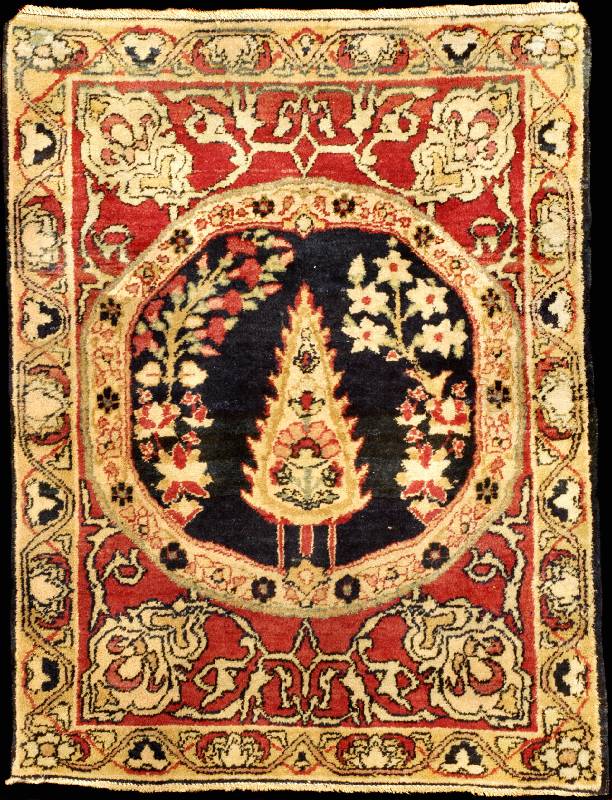 Seltener Kerman Lawer Antik (Poshti) mit Leben sbaummedallion, Südpersien, reine Pflanzenf arben, 19.Jahrhundert (um 1880/1890), feine al te Wolle ...