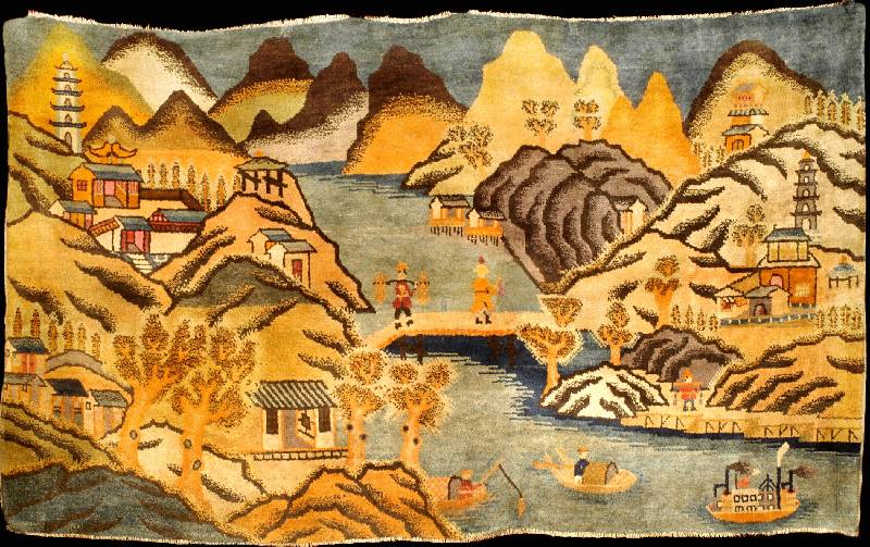Pow Tow Antik (Landschaftszene), China, 19. Jahrhundert (um 1890), gute alte Wolle geknüpf t auf Baumwolle, ca. 217 x 130 cm (seltenes Qu ...