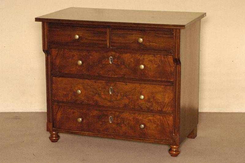 Kommode, deutsch, 1870, Korpus Weichholz, Nußbaumfurnier, z.T. Wurzelnußfurnier, auf KugelfÜßen, wohl sekundÄr, Lisenen gerillt, 3 große ...