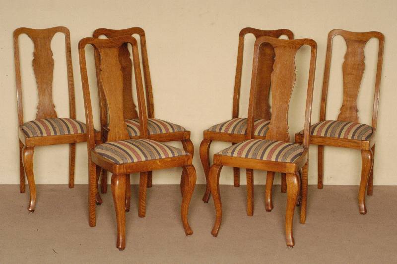 6 HochlehnstÜhle, deutsch, um 1910, Eiche massiv, Queen-Anne, gebogene Beine und RÜckenlehne, Polsterung und Bezug sekundÄr, stabil, ...