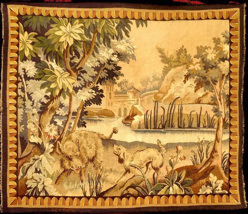 Aubusson Antik signiert, Frankreich, Naturf arben, 19.Jahrhundert (um 1890/1900), Wolle mi t Seide, ca. 153 x 131 cm (seltenes Querformat ), mit ...