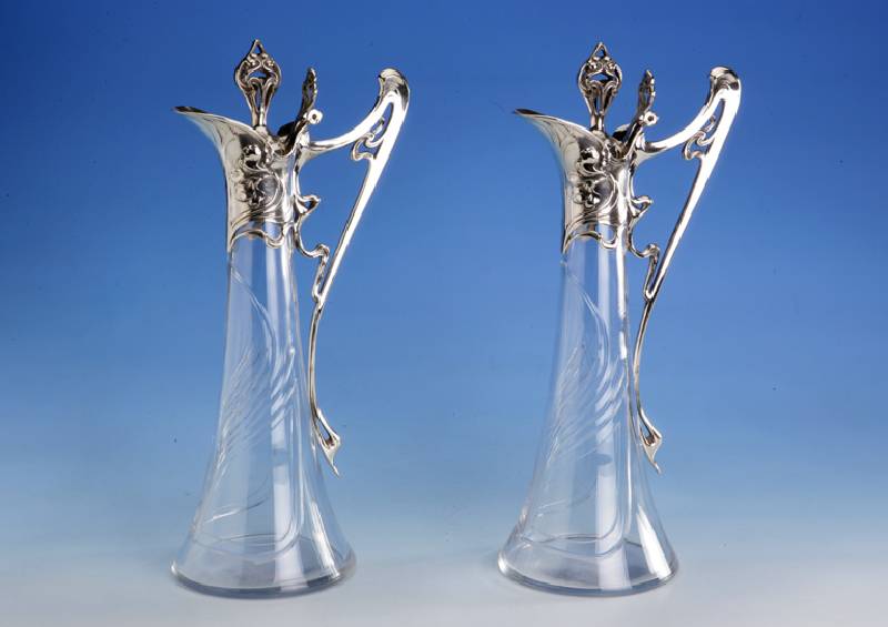 Glaskaraffe WMF um 1898/1902-3, GlaskÖrper nach ursprgl. Vorbild ergÄnzt, Marke, min. Gebr.-sp., reiner Jugendstil, abstrakt, flo- ral, ...