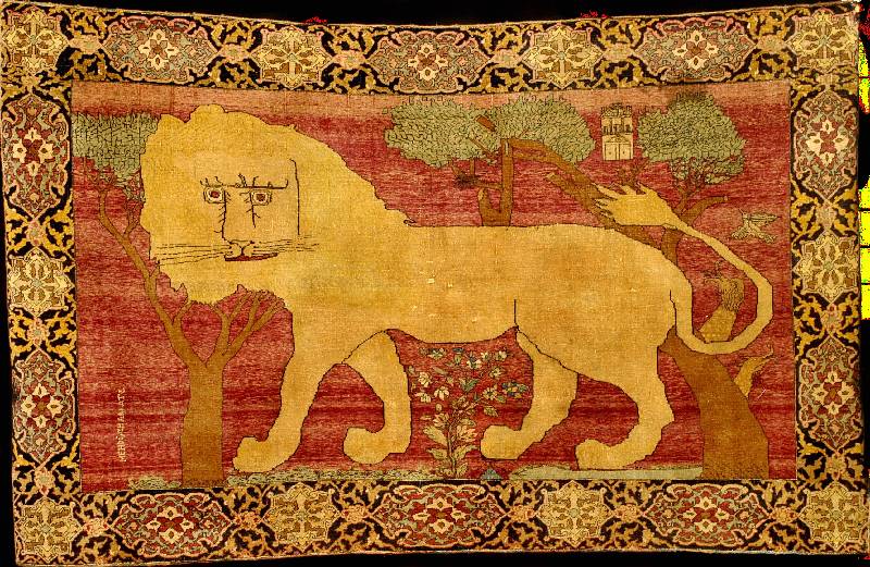 Sehr feiner Musealer Antiker "Löwen" Esfahan ( mit signierung = Mehdi, Chariate), Zentralp ersien, reine Pflanzenfarben, 19.Jahrhundert ( ...
