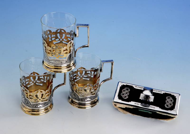 6 TeeglÄser, Rußland nach 1967, 875er Silber, Tula-Silber, teilvergoldet, GlaseinsÄtze, H ca. 11 cm, berieben