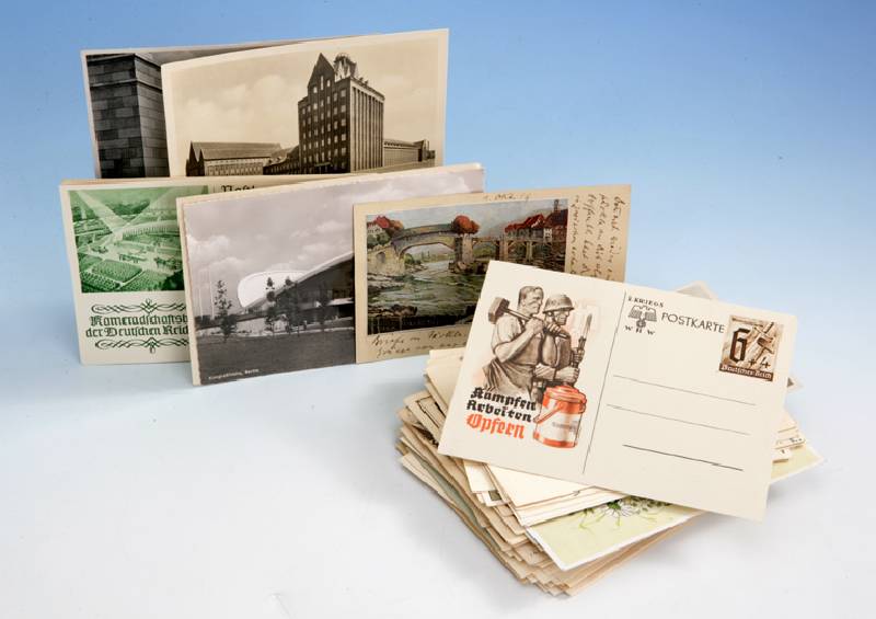 Postkarten-/Briefmarkenkonvolut, best. aus ca. 90 Teilen, Schwerpunkt 3. Reich, mit vielen Sonderstempeln, Festpostkarten, z.T. unmittelbar das ...