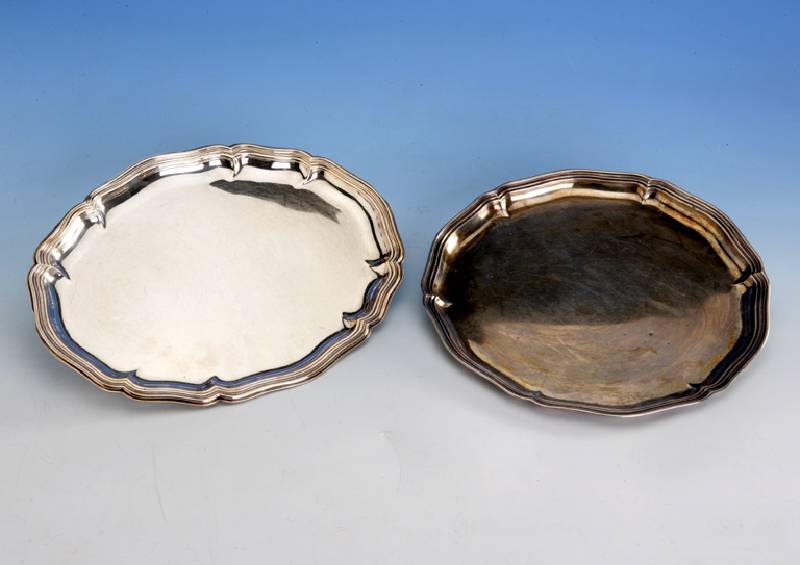 Rundes Tablett, deutsch, 50er Jahre, Wilkens Bremen, Barockstil, D ca. 27 cm, Gebr.-Sp., ca. 345 g
