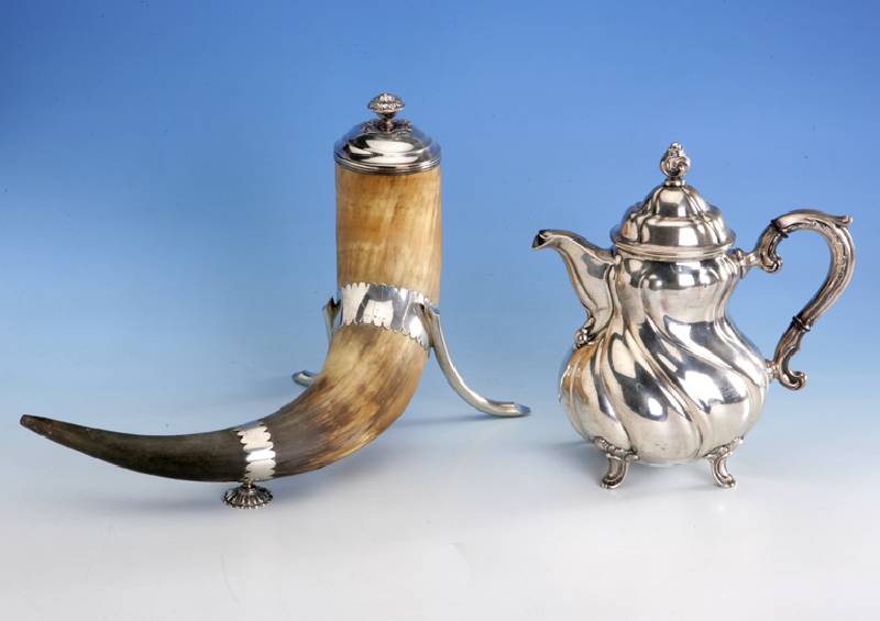 Kanne, deutsch, 50er Jahre, 830er Silber, Wilkens Bremen, Barockstil, Kannendeckel mit Scharnier, Griff mit DÄmmringen, auf 4 FÜßen stehend, H ...