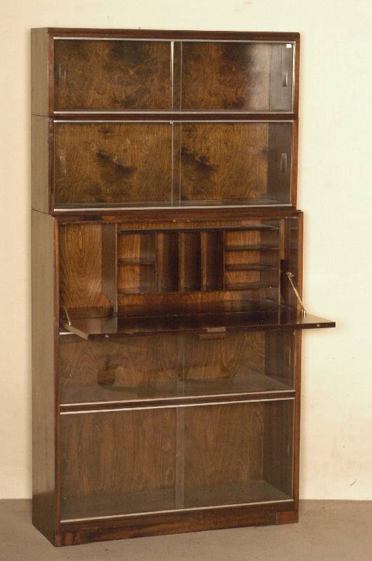 Vielzweck-BÜcherschrank, England, um 1920, System Minty Oxford, Rotholz, verglaste SchiebetÜren, mit Schreibfach, schÖnes praktisches MÖbel, ...
