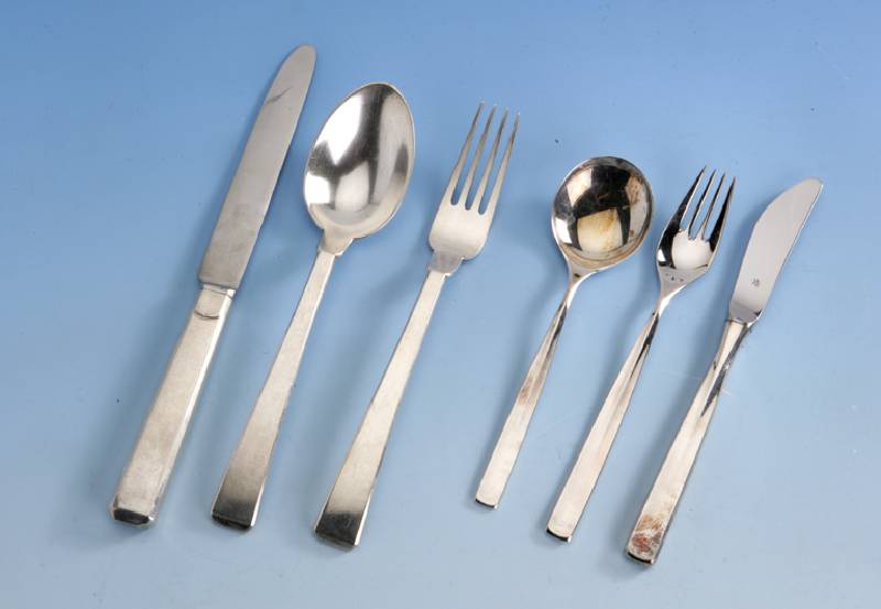 FrÜhstÜcksbesteck, WMF, fÜr 12 Personen, 800er Silber, best. aus: Gabel, Messer und LÖffel, Messergriffe mit Stahl gefÜllt, Gew. total ca. 1100 ...