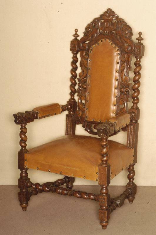 Prunksessel, Frankreich, um 1870, Eiche massiv, stark gedrechselte Beine und Hochlehne , Beine verstrebt, Lehne Abschluß mit prunkvoller ...