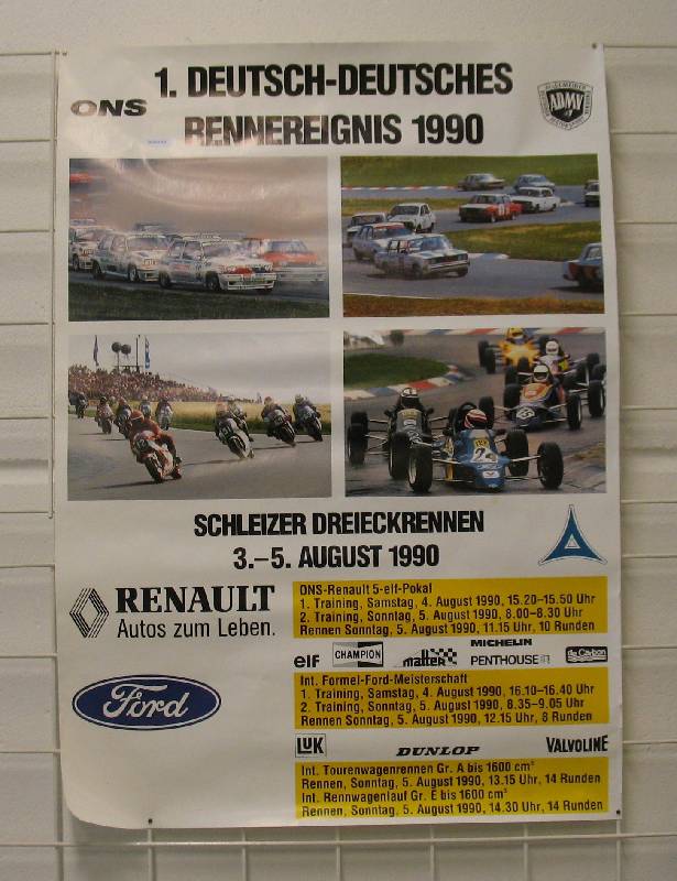 VERANSTALTUNGSPLAKAT Deutsch-Deutsches Rennereignis 1990 Schleizer Dreieck - 5.August 1990 mit R5-Pokal, Formel-Ford, Int.Touren- und Rennwagen