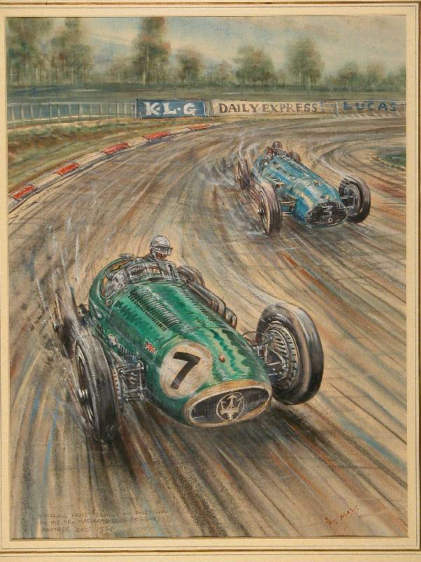 PHIL MAY "Stirling Moss" - Gouache - erster Sieg in einem Maserati 250F 1954