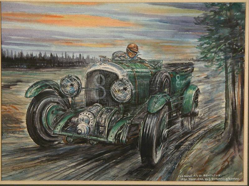 PHIL MAY "Bentley 4 1/2 Litre 1930" Benjafield/Ramponi Gouache auf Papier