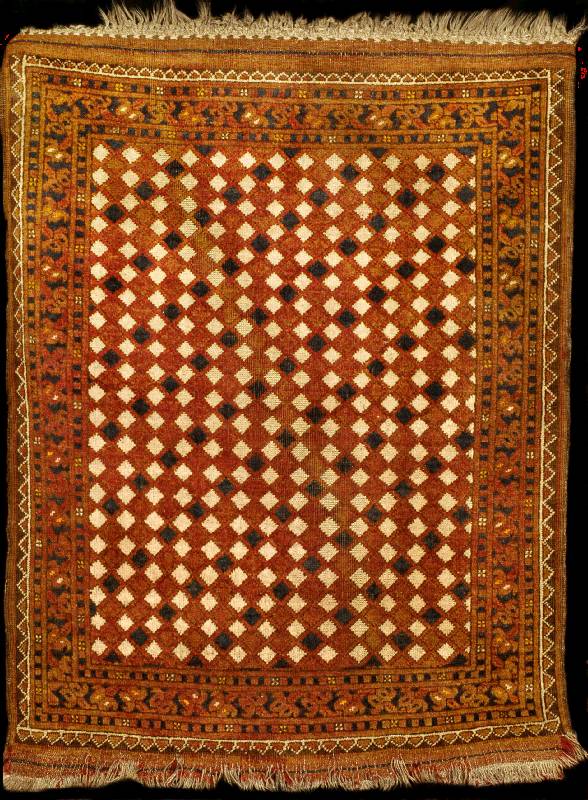 Seltener antiker Beshir Teppich mit Schachbret tmuster, Turkmenistan/Afganistan, Naturfarb en, um 1900, Wolle geknÜpft auf Wolle, ca. 122 x 92 cm, ...