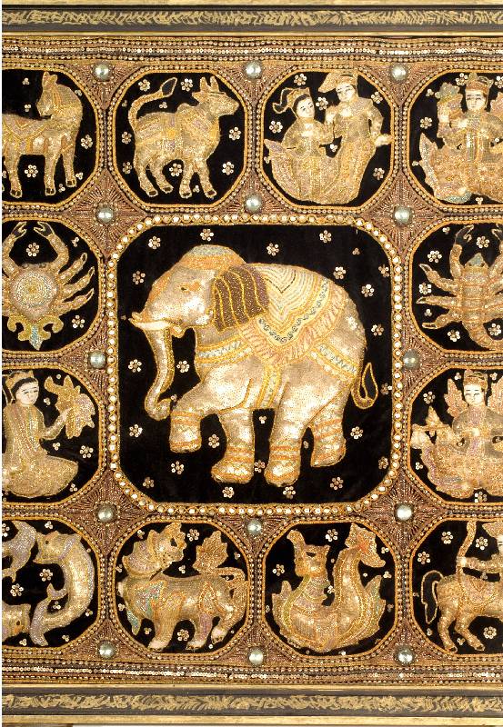 Textil Asien metallbroschiert, Sternzeichen motive, um 1910, Wolle auf Wolle, EHZ: 2, ca. 95 x 94 cm