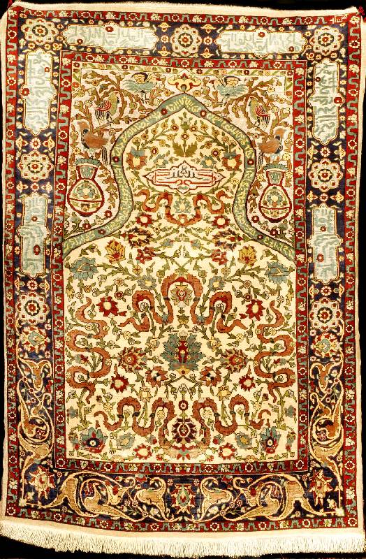 Feiner Seiden Hereke alt (Gebetsteppich), T Ürkei, Naturfarben, um 1940/1950, feine glanzr eiche reine Naturseide, ca. 110 x 77 cm, feine ...