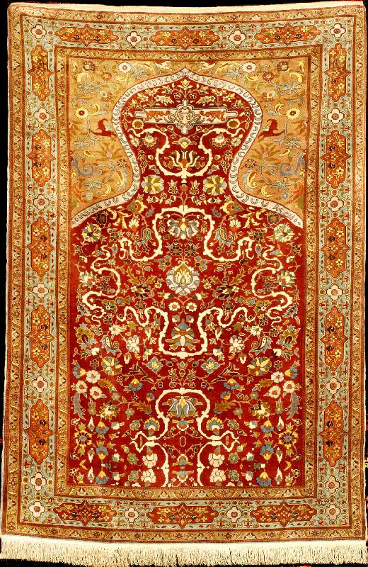 Feiner Istanbul Seide antik (Gebetsteppich), TÜrkei, reine Naturfarben, um 1900, feine gl anzreiche reine Naturseide mit ca. 5% Metallbr ...