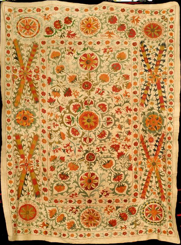 Feine Nurata Seidenstickerei antik (Susani), Turkestan, aus dem Emirat Buchara, um 1910, vierbahniges Grundgewebe Seide mit Baumwolle, ...