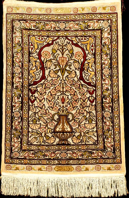 Feiner metallbroschierter Seiden Hereke alt, TÜrkei, um 1950, feine glanzreiche Naturseid e (ca. 60% metallbroschiert), ca. 70 x 50 cm ( seltenes ...