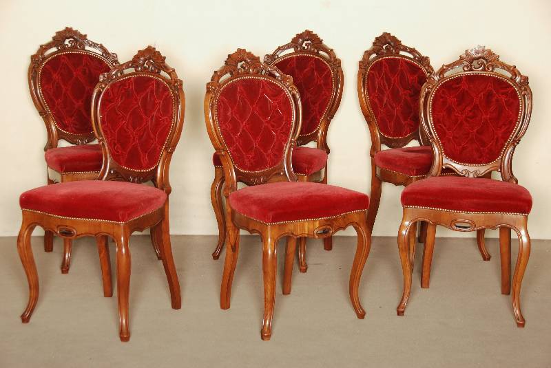 6 StÜhle, deutsch, um 1860, Louis-Philippe, Mahagoni massiv, gebogene Beine und RÜckenlehne mit sehr schÖn geschnitzter Krone, Veloursbezug ...