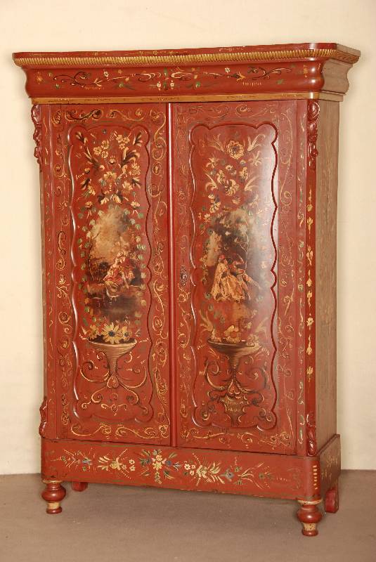 Bauernschrank, Holland, um 1860, SpÄtbiedermeier, Weichholz, auf KugelfÜßen, leicht abgerundete Ecken, 2-tÜrig mit BrezelfÜllungen, Kopfteil ...