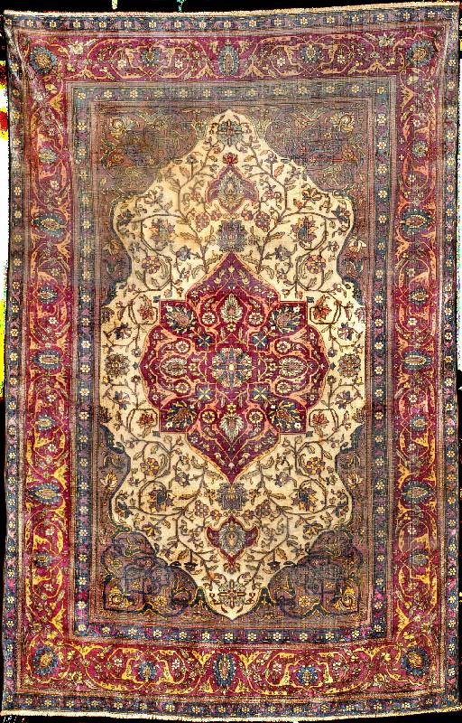 Seiden Farahan antik, Westpersien, reine Pf lanzenfarben, 19.Jahrhundert, reine Naturseide , ca. 198 x 130 cm, bemerkenswerte feine meist erliche ...