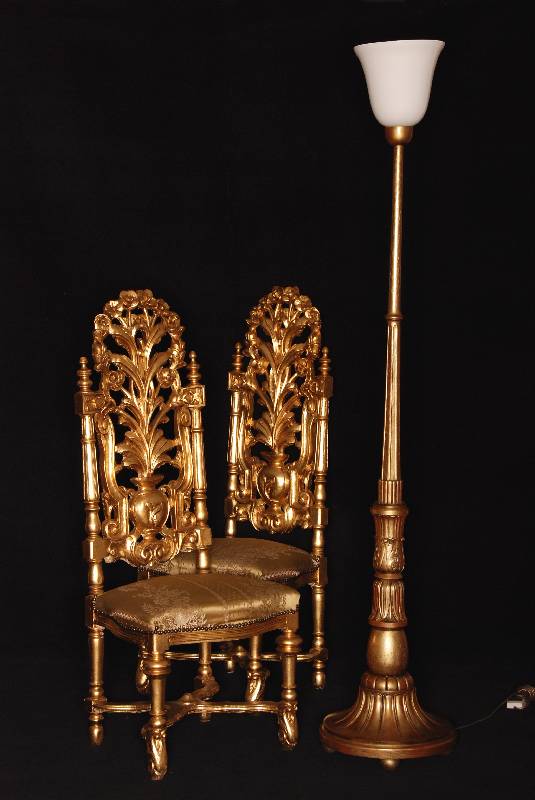 4 HochlehnstÜhle, deutsch (?), um 1880, Danziger Barockstil, Buche massiv, goldfarben gefaßt, gedrechselte Beine, RÜckenlehne mit ausgefallenen ...