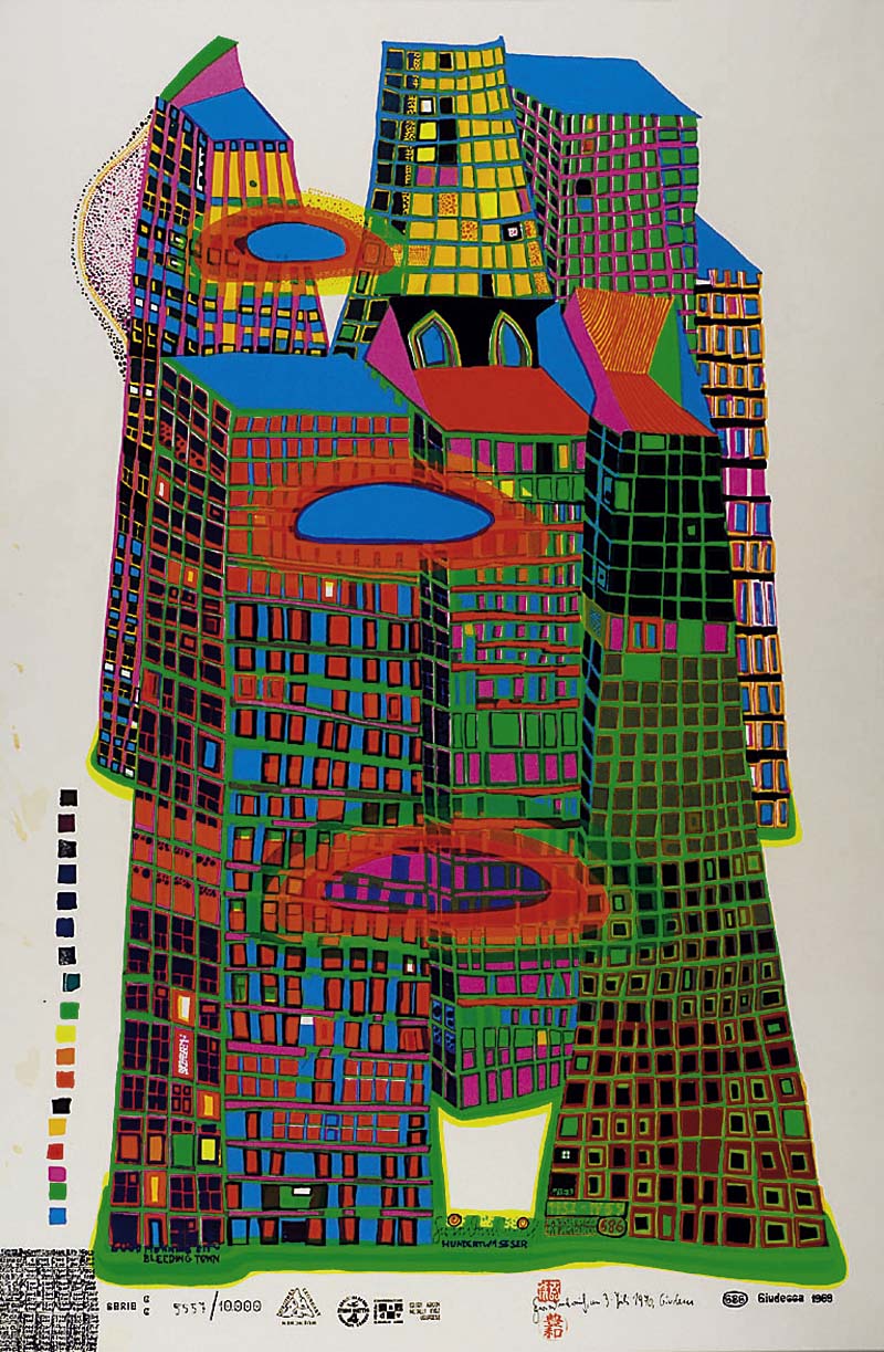 Hundertwasser, Friedensreich, 1928-2000, Good Morning City, Bleeding Town, Farbsiebdruck mit MetallfolienprÄgung, num. 5557/10000, handsigniert ...