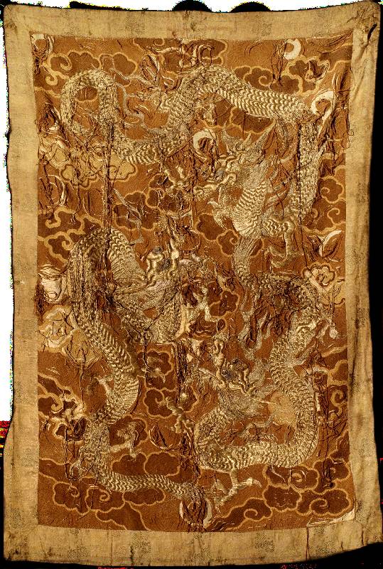Sehr frÜhe Drachen Metall-Stickerei antik, China, ende 17.Jahrhundert, Wolle mit Seide un d metallstickerei, ca. 200 x 132 cm, Erhaltung : 4-5 ...