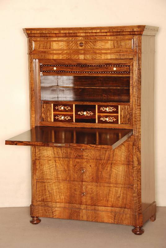 SchranksekretÄr, deutsch, um 1870/80, GrÜnderzeit, Korpus Weichholz/Hartholz, abgeschrÄgte Ecken, Front z.T. auf Rahmen gearbeitet, ...