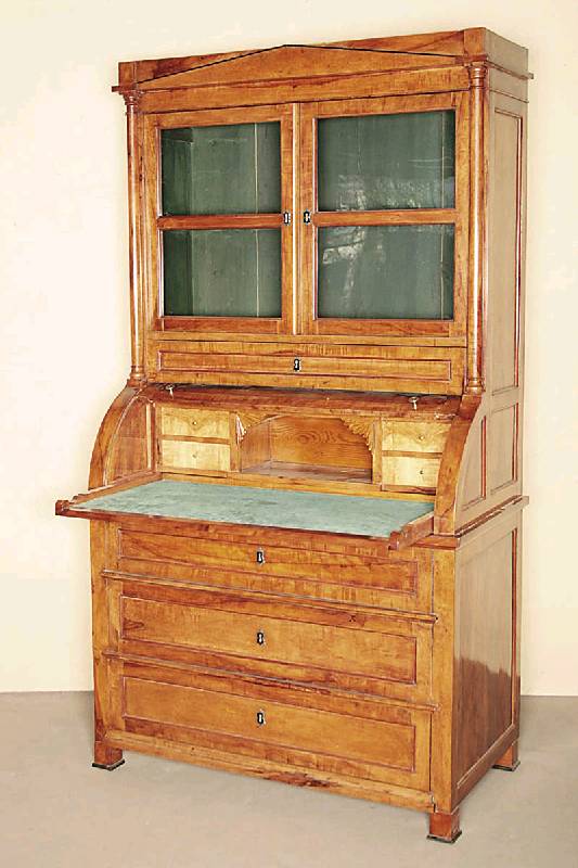 Biedermeier-Zylinder-Sekretär mit Glasaufsatz , Apfel massiv, sehr seltenes und schönes Holz, Glasscheiben mundgeblasen, Geheimfach, herausziehbare ...