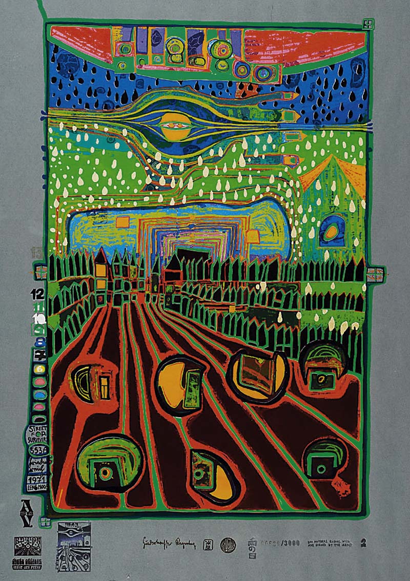Hundertwasser, Friedenreich, 1928-2000, Strasse der Überlebenden, Farbserigraphie mit Metallfoliendruck aus der Regentagmappe, num. 830/3000. ca. ...