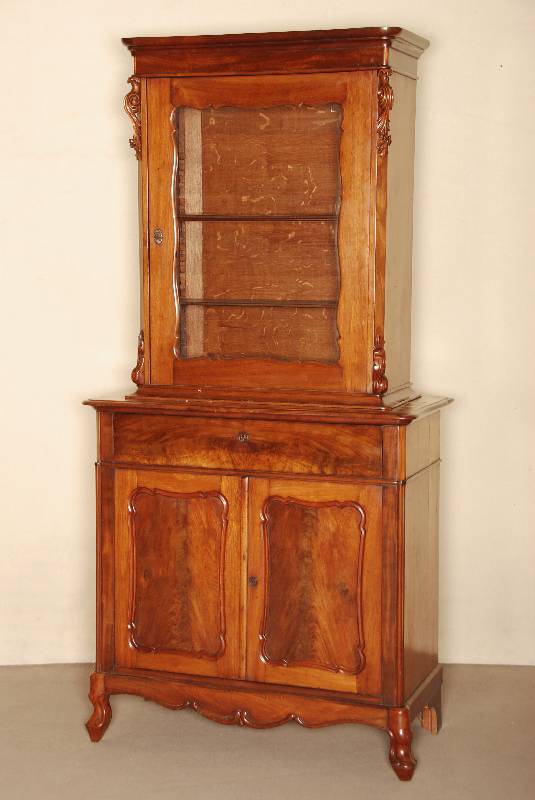 Aufsatzschrank, Holland, um 1860, Wilhelm III, sogenannte Bonheur, Korpus Eiche, Mahagoni- und Pyramidenmahagonifurnier, z.T. gespiegelt, ...