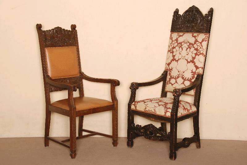 Stuhlsessel, um 1870, nach niederlÄndischem Vorbild, Eiche massiv, aufwendige Schnitzereien, 3-faches Maskaron, LÖwenkÖpfe und Rocaillen, ...