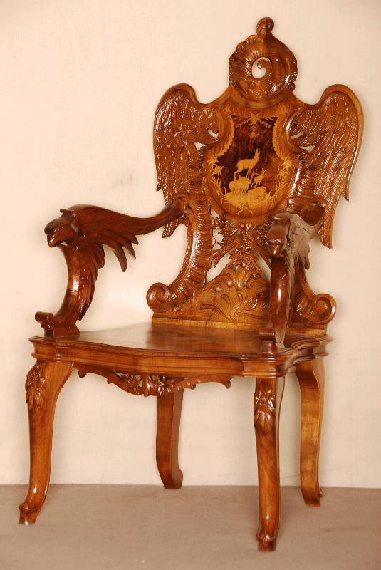 Prunkstuhlsessel eines Jagdzimmers, deutsch, um 1870/80, Prunkbarockstil, typische GrÜnderzeit, wohl Preußen, Darstellung: Adler als ...