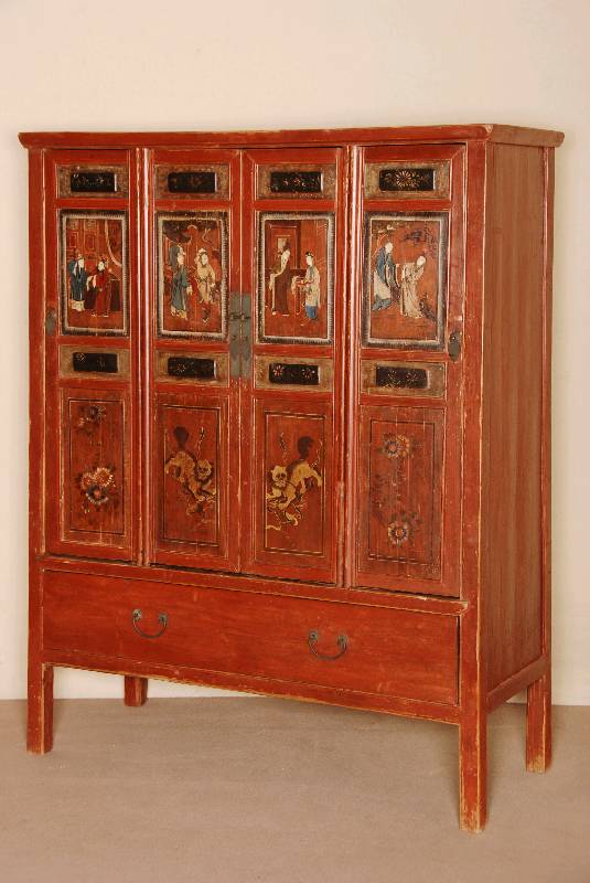 Schrank, China, um 1900, Weichholz, leicht konischer Korpus, auf eckigen Hochbeinen, rot gefaßt, 4-tÜrig mit bemalter Figurenstaffage, leicht ...