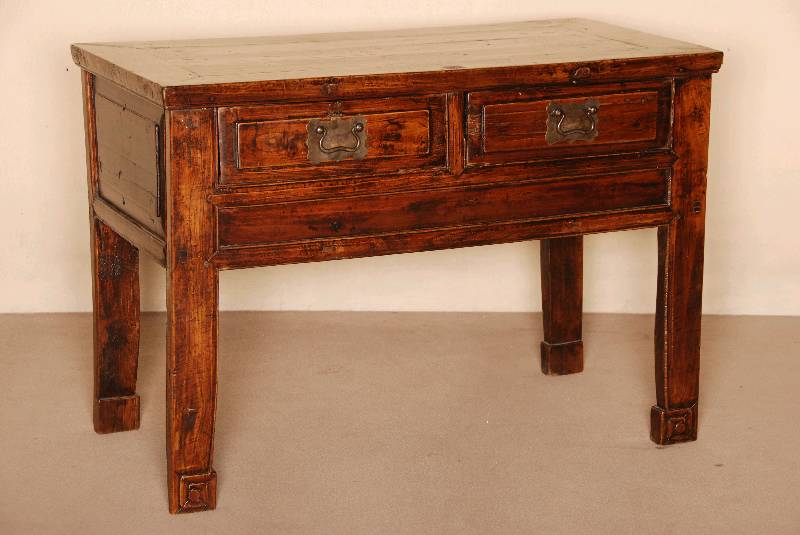 Bezahltisch, SÜdfrankreich/Spanien, um 1910, Kastanienholz massiv, auf eckigen Beinen, schuhfÖrmig abgesetzt, seitlich mit kassettierten ...