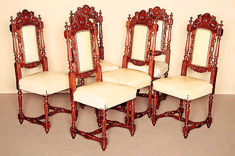 6 StÜhle, Frankreich, um 1870, SpÄtrenaissance, Eiche massiv, gedrechselte Beine und RÜckenlehne, kanneliert und verstrebt, Kopfteil mit ...