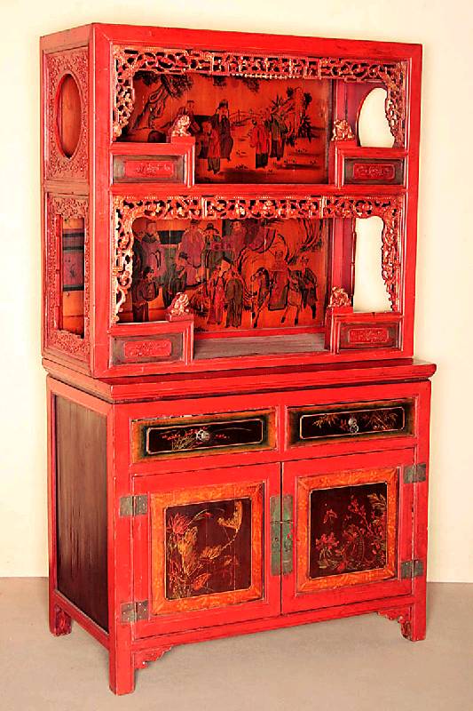 HochzeitsaufsatzmÖbel, China, um 1900 oder frÜher, komplett auf Rahmen und Leisten gearbeitet, Unterteil 2-schÜbig und 2-tÜrig, Inlets ...