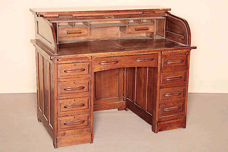 RollbÜro, deutsch, um 1910, Eiche, zum grÖßten Teil massiv, Inneneinrichtung mit AblagefÄchern und zwei Schubladen, sehr gute Verarbeitung, ...