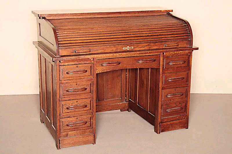 Detail a: RollbÜro, deutsch, um 1910, Eiche, zum grÖßten Teil massiv, Inneneinrichtung mit AblagefÄchern und zwei Schubladen, sehr gute Verarbeitung, ...