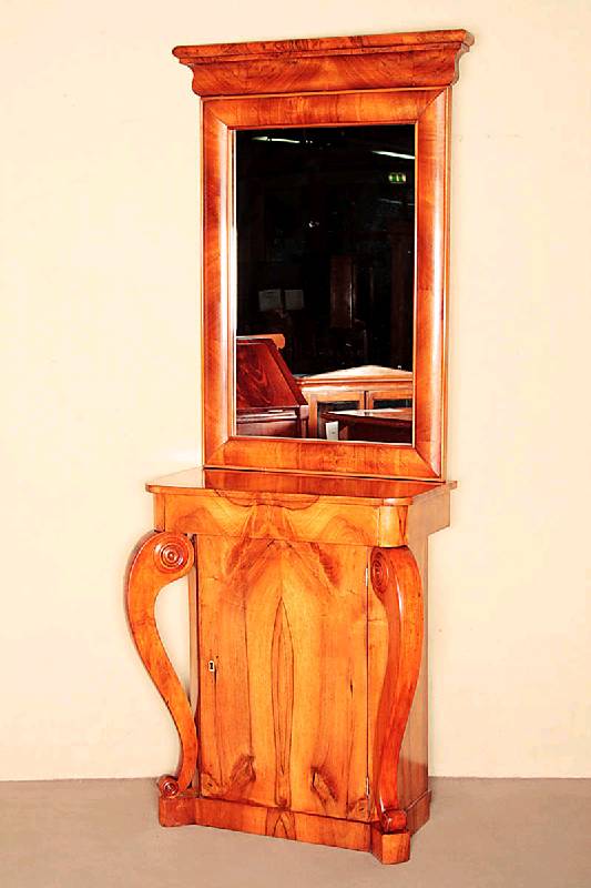 Konsolenaufsatzspiegel, deutsch/rheinisch, um 1830, SpÄtbiedermeier, Konsole Korpus Weichholz, Wurzelnußfurnier doppelt gespiegelt verlegt, ...