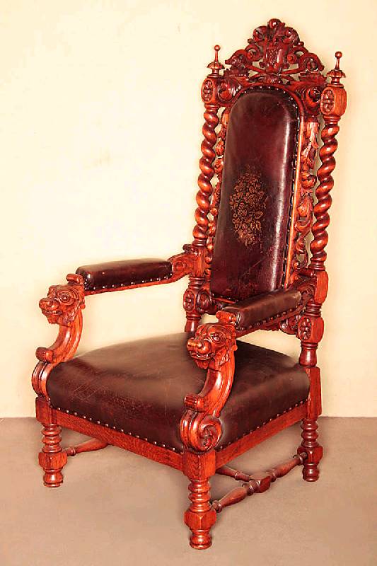 Thronsessel, deutsch, um 1870, Danziger Barockstil, Eiche massiv, Beine und RÜckenlehne stark gedrechselt, Armlehnen mit LÖwenkÖpfen dekoriert, ...