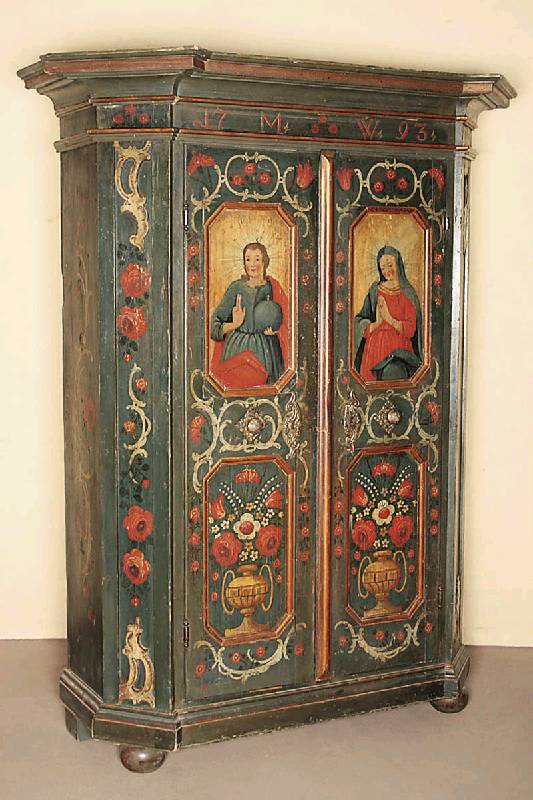 Bauernschrank, süddeutsch, um 1830/40, Datierung datiert 1793 sekundär, Weichholz bemalt, zweitüriger Korpus mit vorgekehltem verkröpftem Kranz, ...