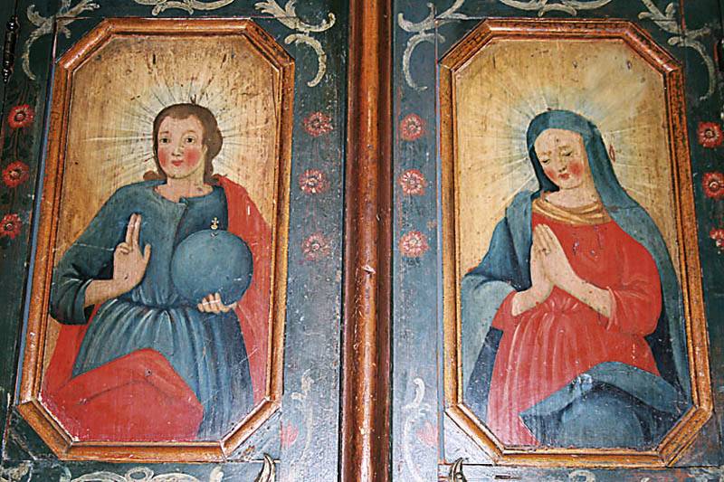 Detail a: Bauernschrank, süddeutsch, um 1830/40, Datierung datiert 1793 sekundär, Weichholz bemalt, zweitüriger Korpus mit vorgekehltem verkröpftem Kranz, ...
