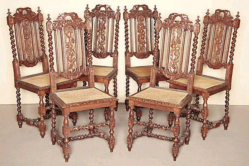 Sechs Stühle, Niederlande/Beligen, um 1880/90 , Barockstil mit Renaissanceeinfluß, reiche Drechsel- bzw. Durchbrucharbeit, Beine verschränkt, ...