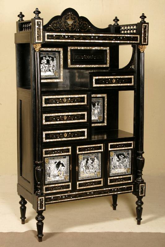 Salonprunkvitrine, England, um 1865/70, Edelhölzer, schwarz gelackt, vier Etagen, in asymetrischer Anordnung, in Anlehnung an chinesische Vorbilder, ...